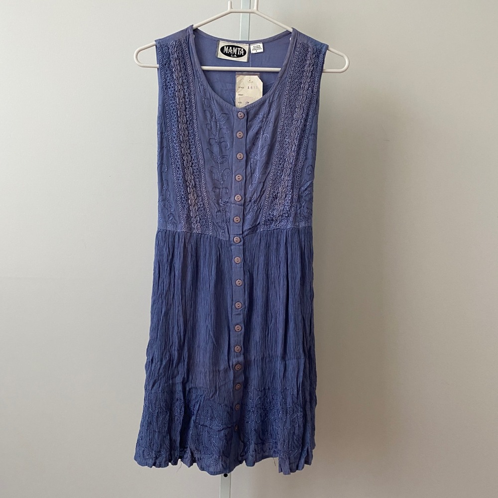 Mamta Boho Beachy Lagenlook Embroidered Button Midi Dress S Purple